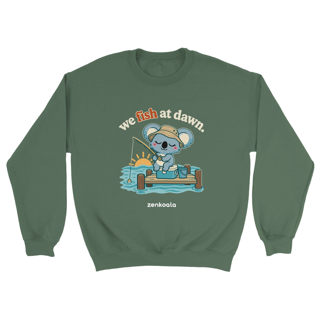 We Fish at Dawn feel-good sweatshirt in military green, Zen Koala Australia