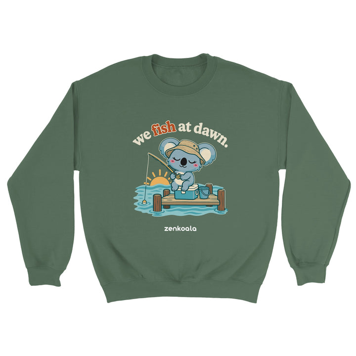We Fish at Dawn feel-good sweatshirt in military green, Zen Koala Australia