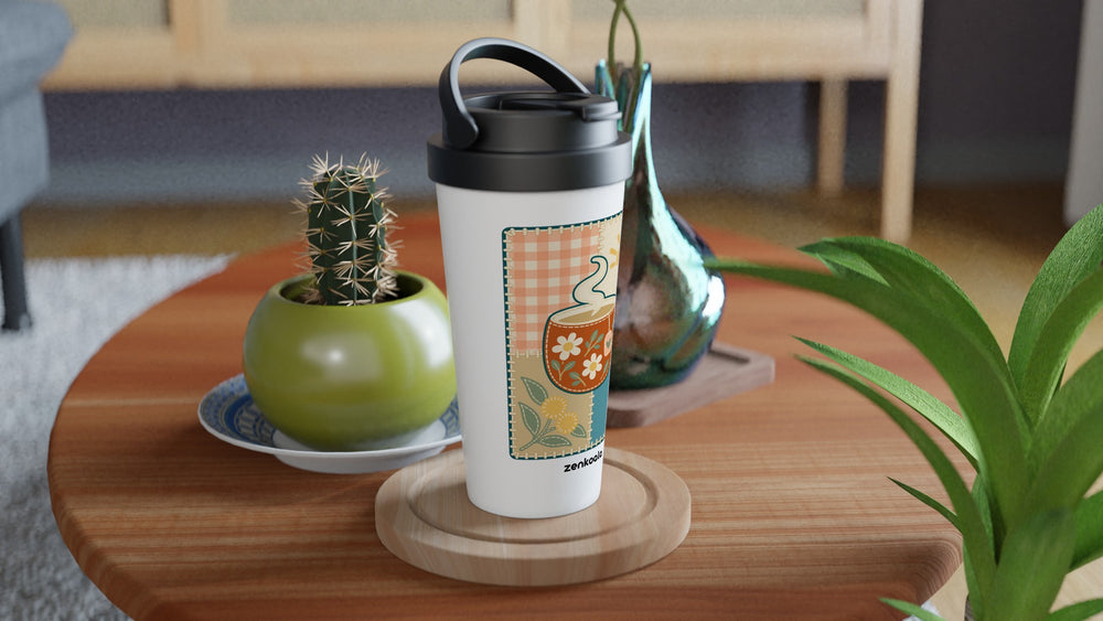 Cuppa Quilt travel mug on a wooden table with a cactus, Zen Koala Australia