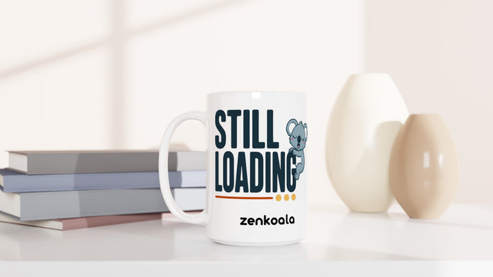 Still Loading Koala 15oz mug beside books and vases, Zen Koala Australia