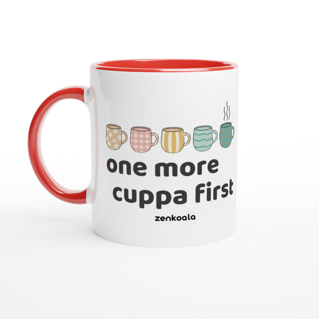 One More Cuppa First mug in red: white with a red rim, inside and handle, Zen Koala Australia