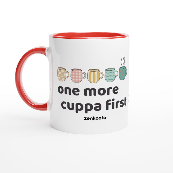 One More Cuppa First mug in red: white with a red rim, inside and handle, Zen Koala Australia