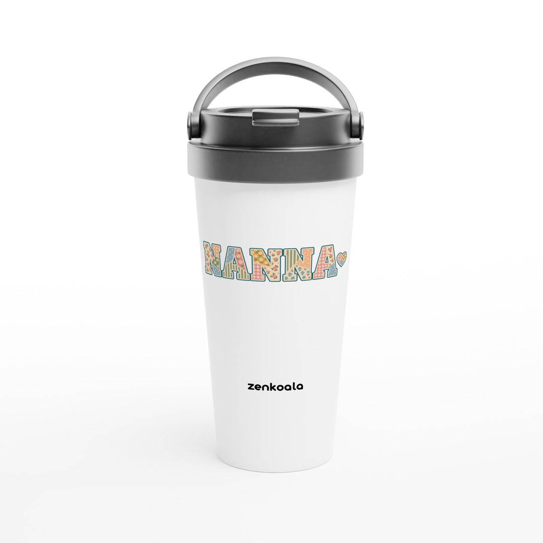 Nanna Faux Patchwork feel-good travel mug: vintage faux patchwork letters with a stitched heart, Zen Koala Australia