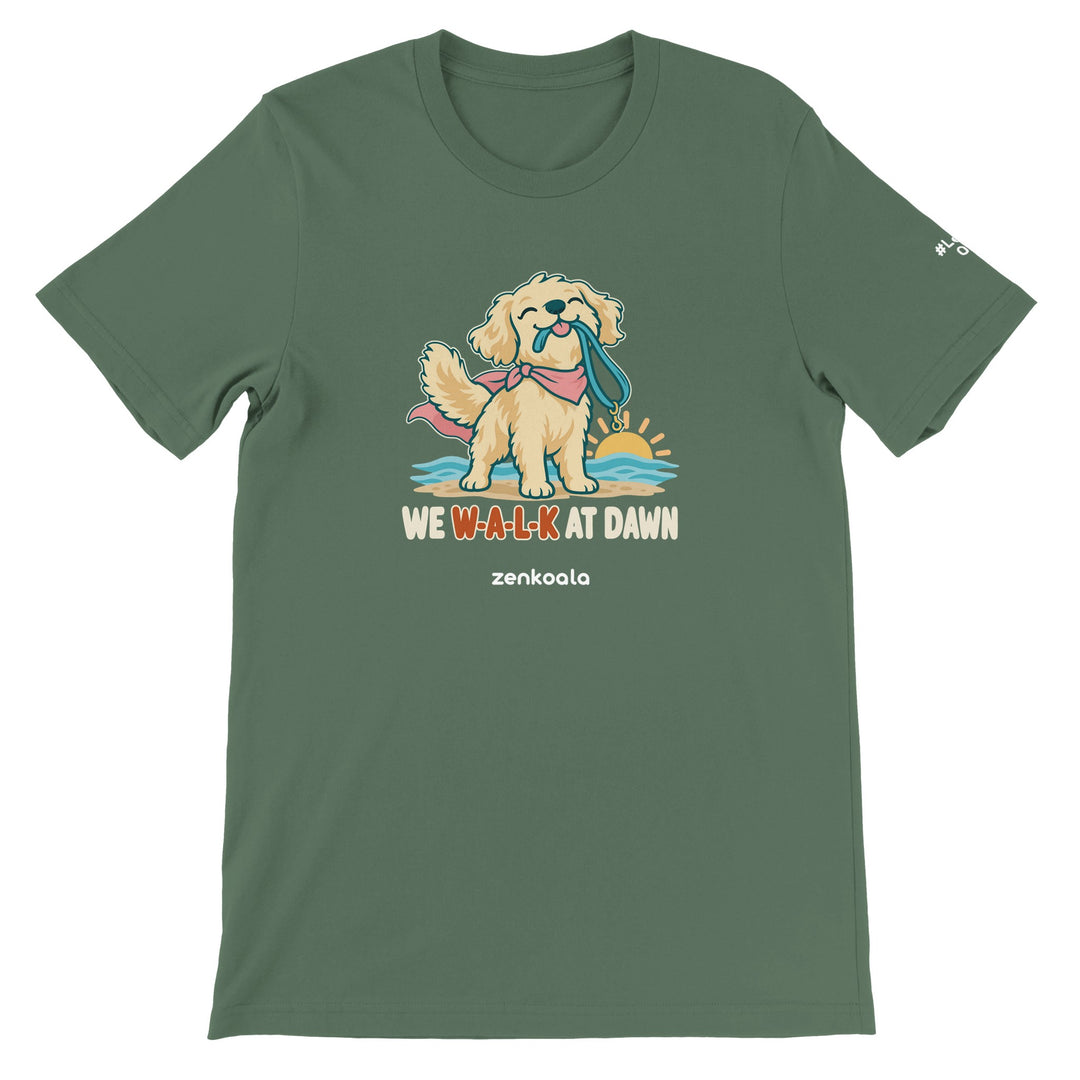 We Walk at Dawn feel-good tee in military green, Zen Koala Australia