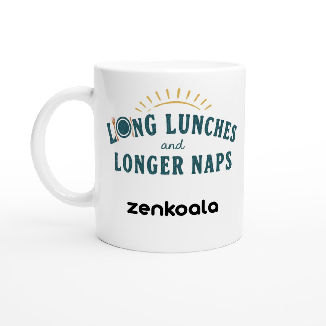 Long Lunches and Longer Naps feel-good mug — retro lettering under a little sunrise, Zen Koala Australia
