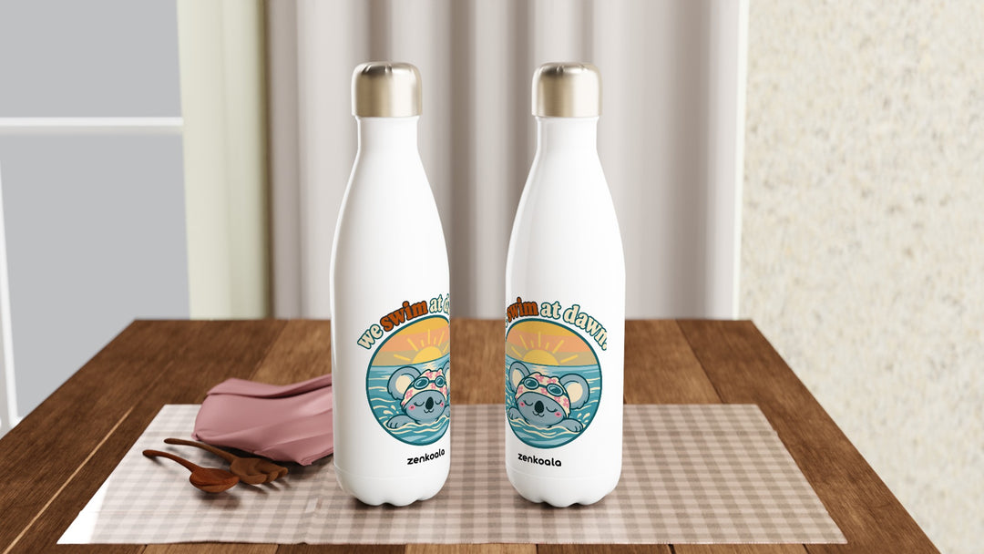 Two We Swim at Dawn water bottles on a table, Zen Koala Australia