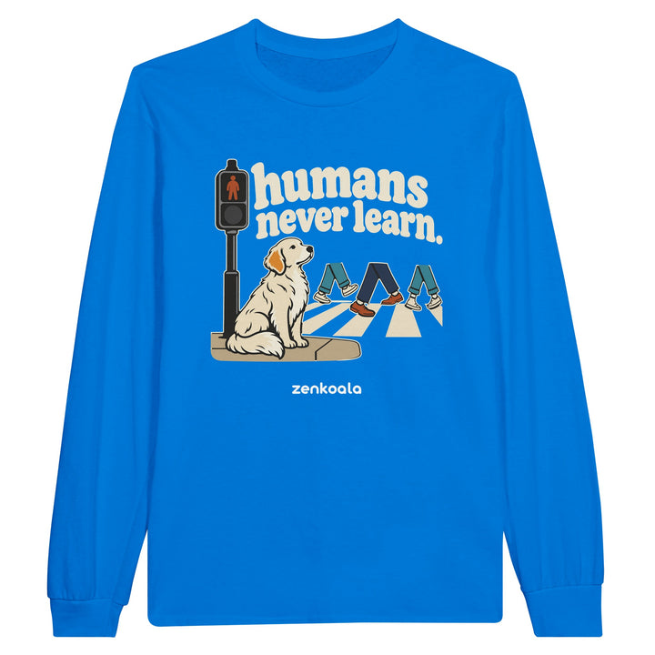 Humans Never Learn feel-good long sleeve tee in royal, Zen Koala Australia