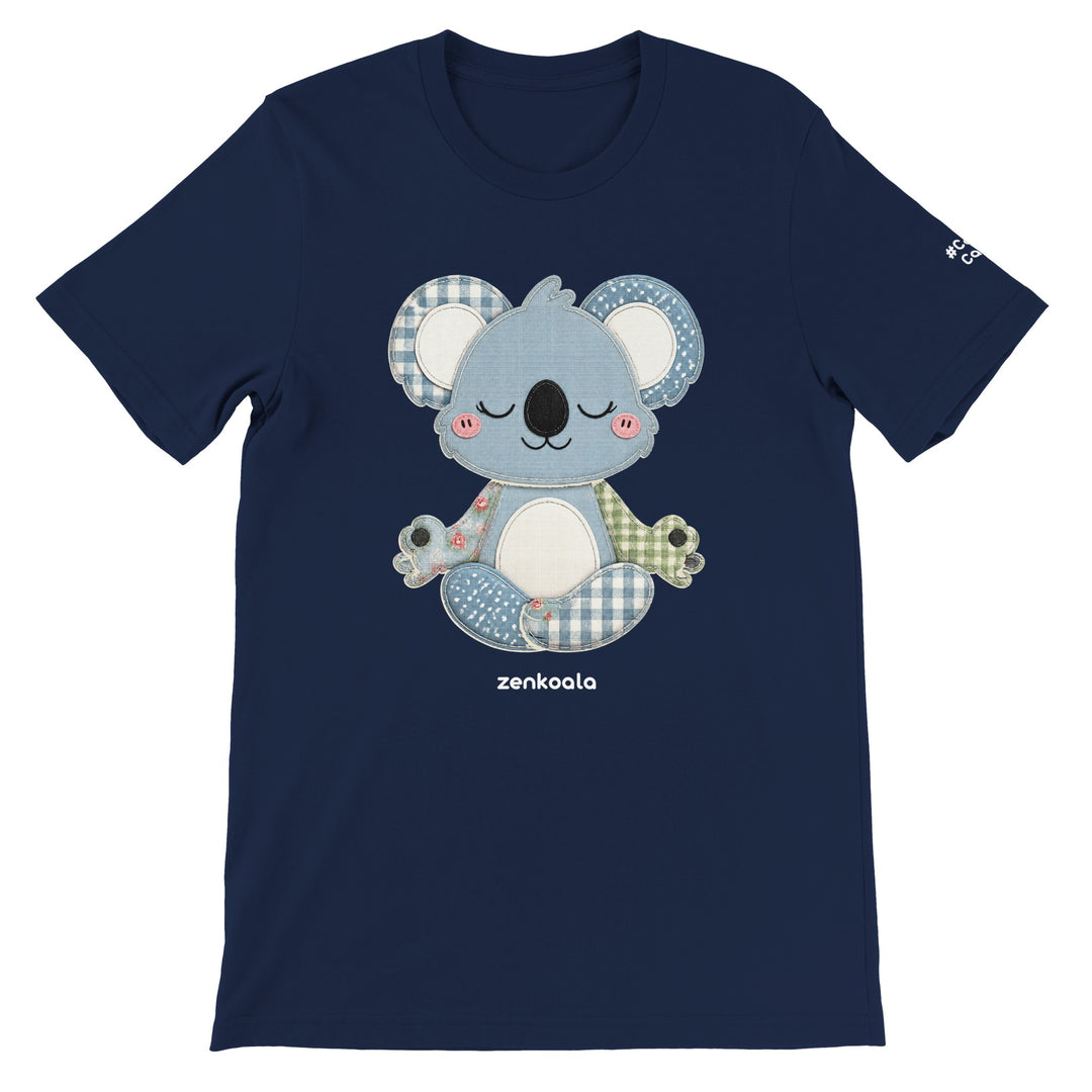 Faux Patchwork Meditating Koala feel-good tee in navy, Zen Koala Australia