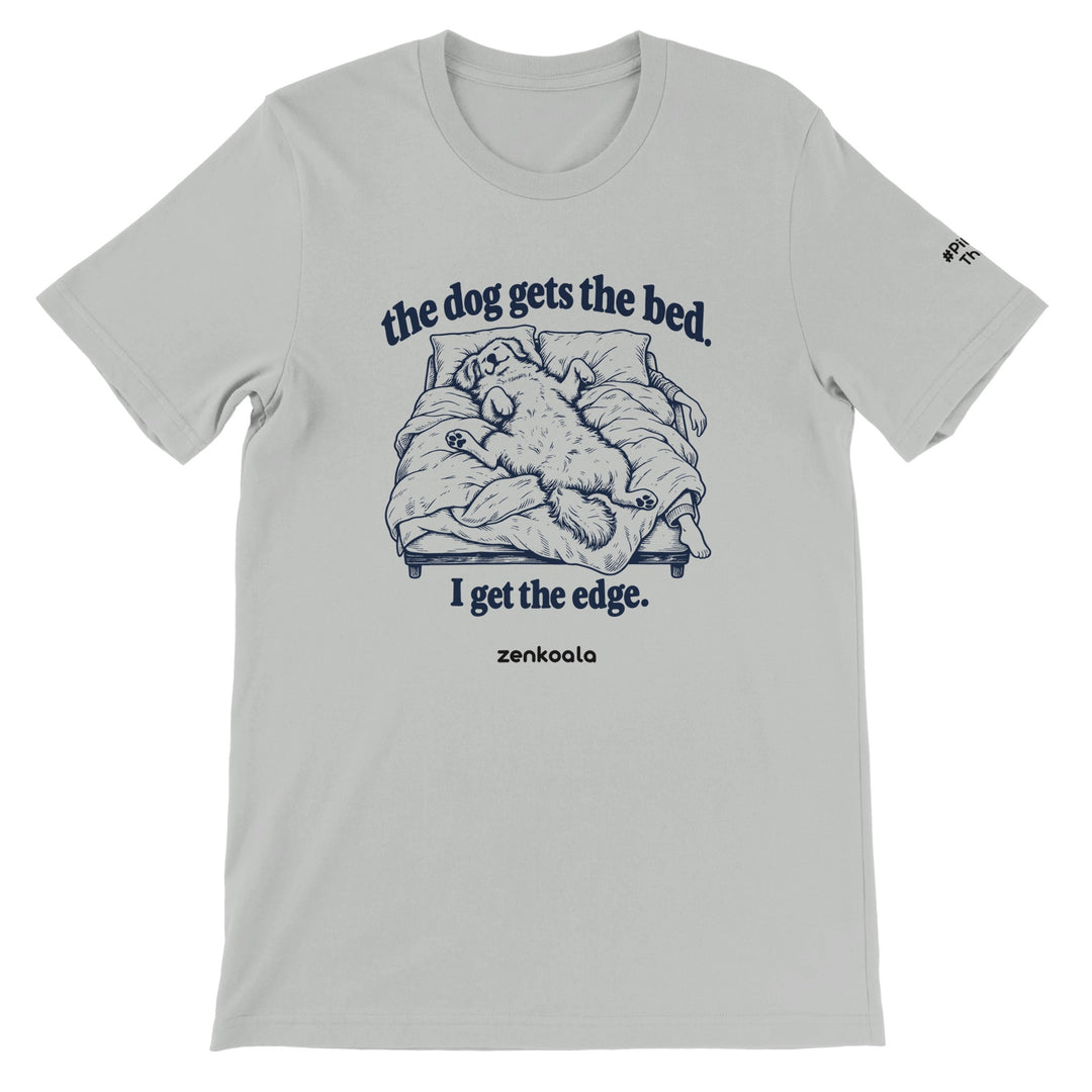 The Dog Gets the Bed feel-good tee in silver, Zen Koala Australia