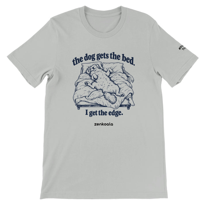 The Dog Gets the Bed feel-good tee in silver, Zen Koala Australia