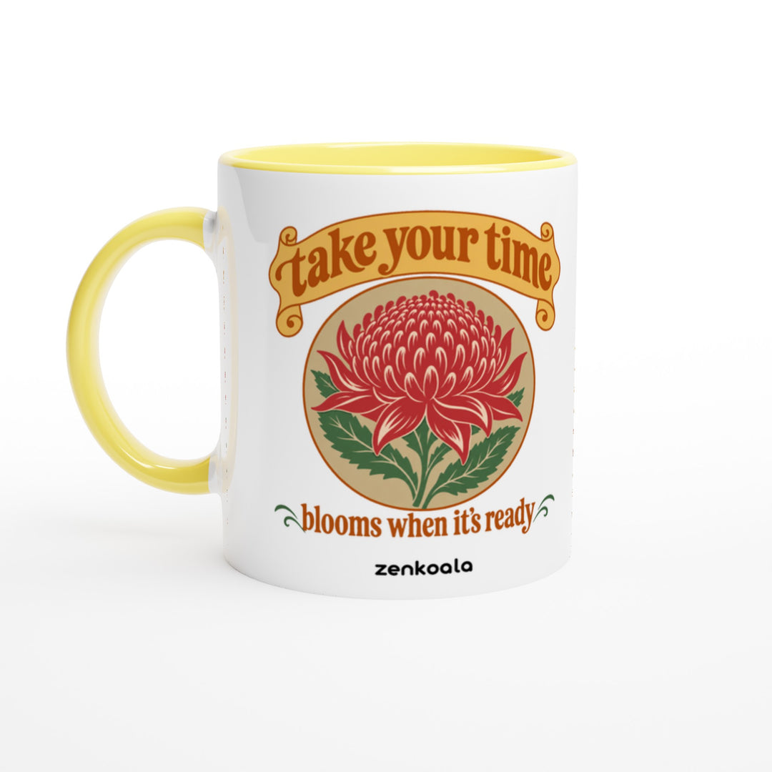 Take Your Time mug in yellow: white with a yellow rim, inside and handle, Zen Koala Australia