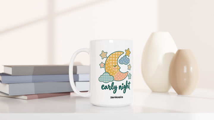 Early Night Moon 15oz mug beside books and vases, Zen Koala Australia
