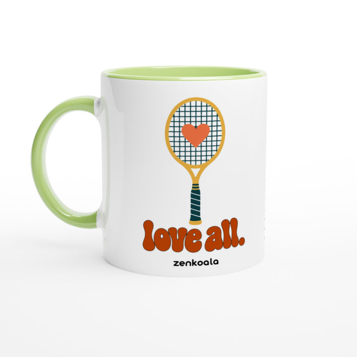 Love All mug in green: white with a green rim, inside and handle, Zen Koala Australia