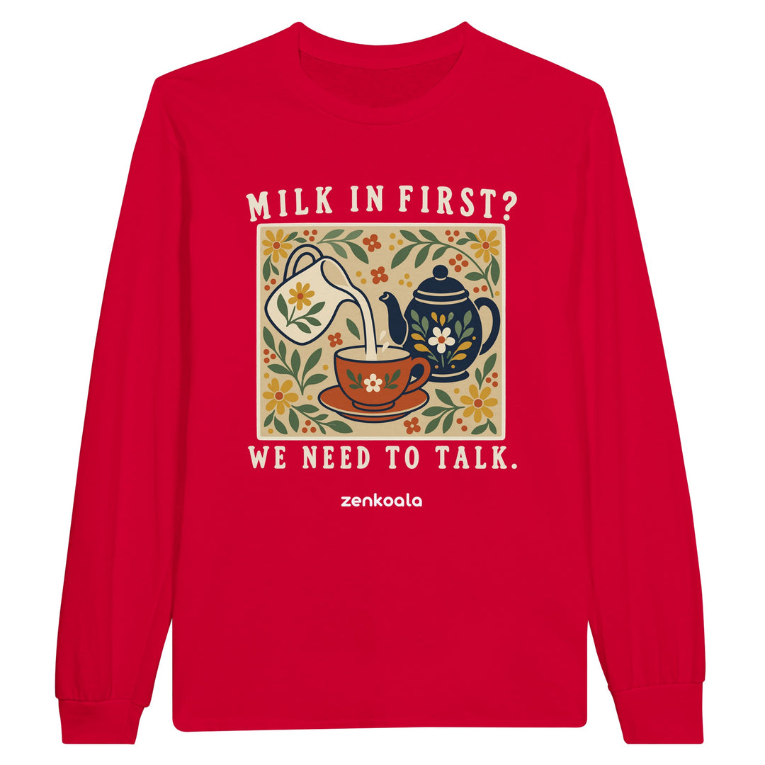 Milk in First feel-good long sleeve tee in red, Zen Koala Australia