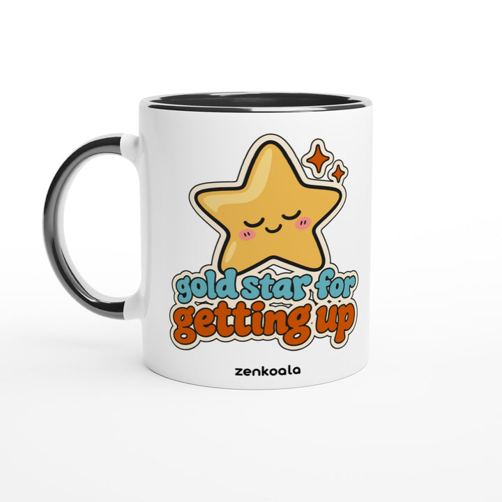 Gold Star for Getting Up mug in black: white with a black rim, inside and handle, Zen Koala Australia