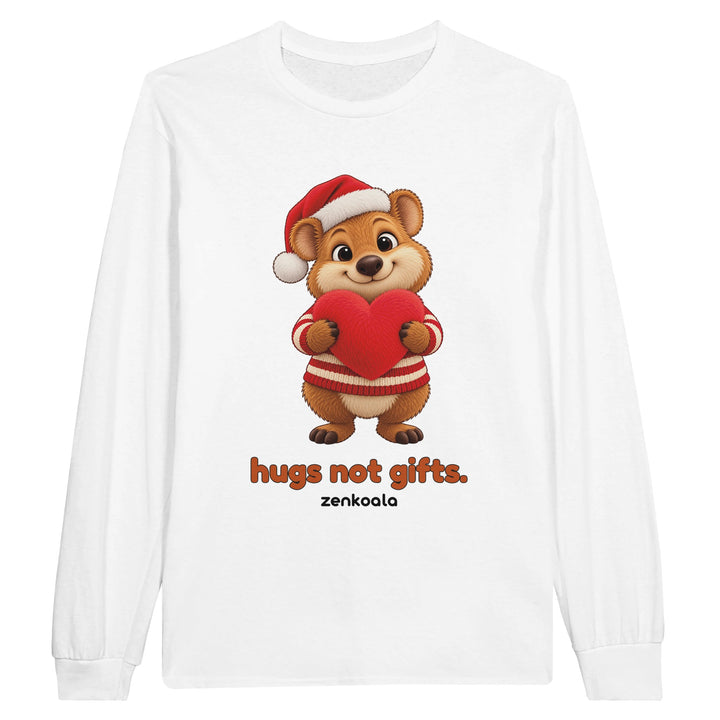 Hugs Not Gifts feel-good long sleeve tee in white, Zen Koala Australia
