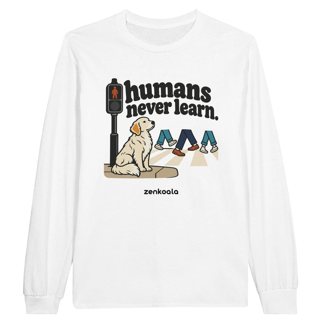 Humans Never Learn feel-good long sleeve tee in white, Zen Koala Australia