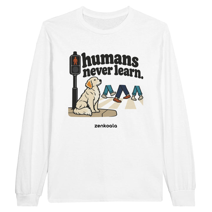 Humans Never Learn feel-good long sleeve tee in white, Zen Koala Australia