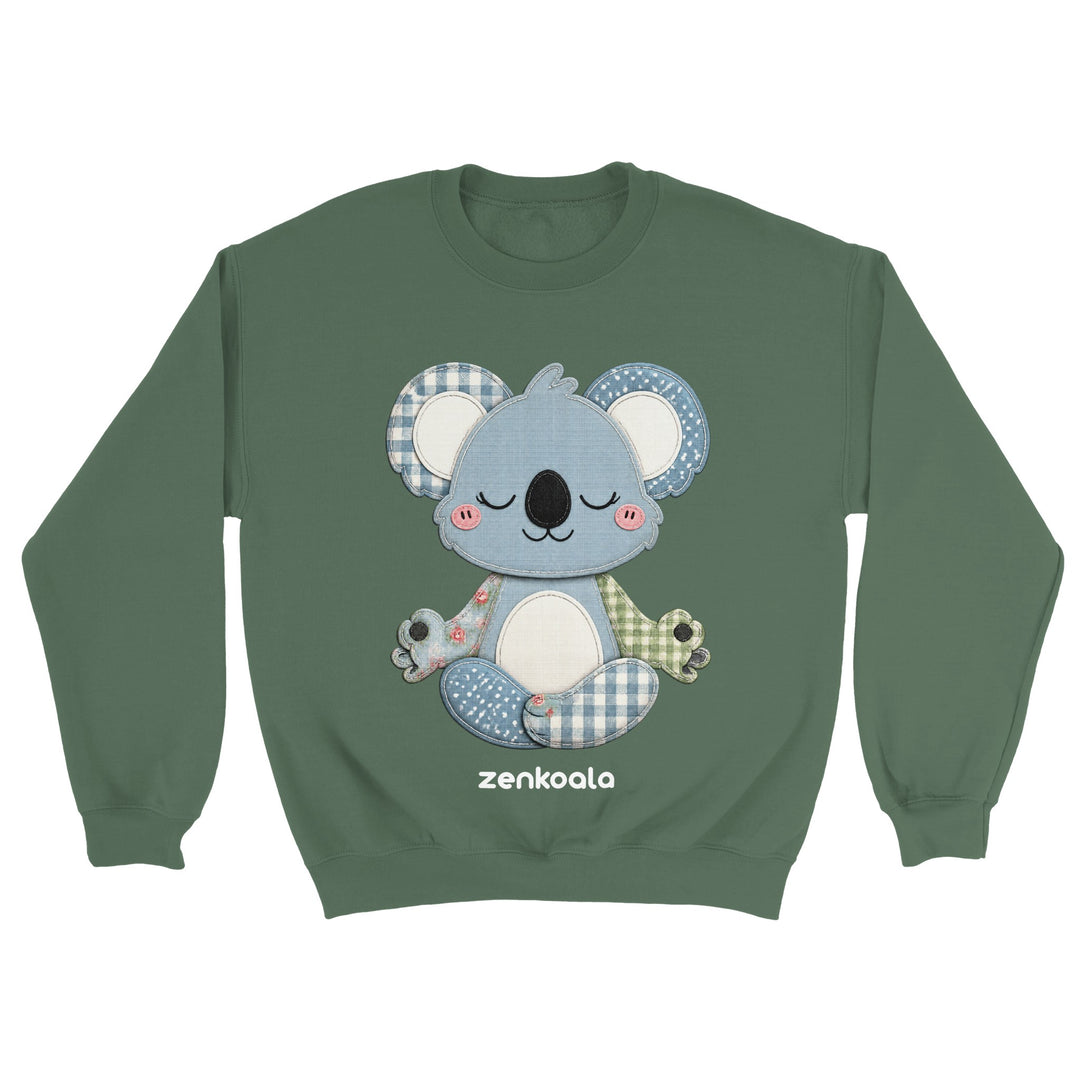 Faux Patchwork Meditating Koala feel-good sweatshirt in Military Green — Zen Koala Australia
