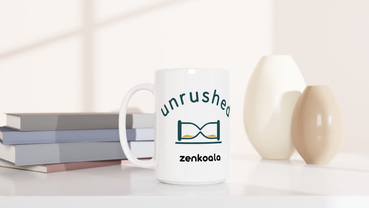 Unrushed 15oz mug beside books and vases, Zen Koala Australia