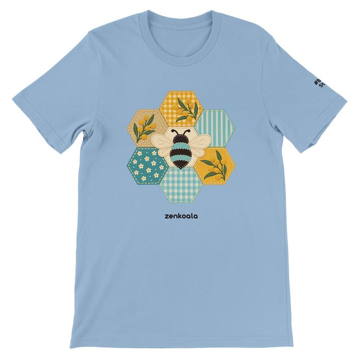 Honeycomb Bee feel-good tee in light blue, Zen Koala Australia