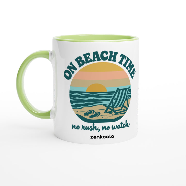 On Beach Time mug in green: white with a green rim, inside and handle, Zen Koala Australia