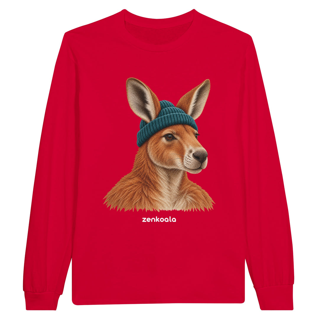 Kangaroo Beanie feel-good long sleeve tee in red, Zen Koala Australia