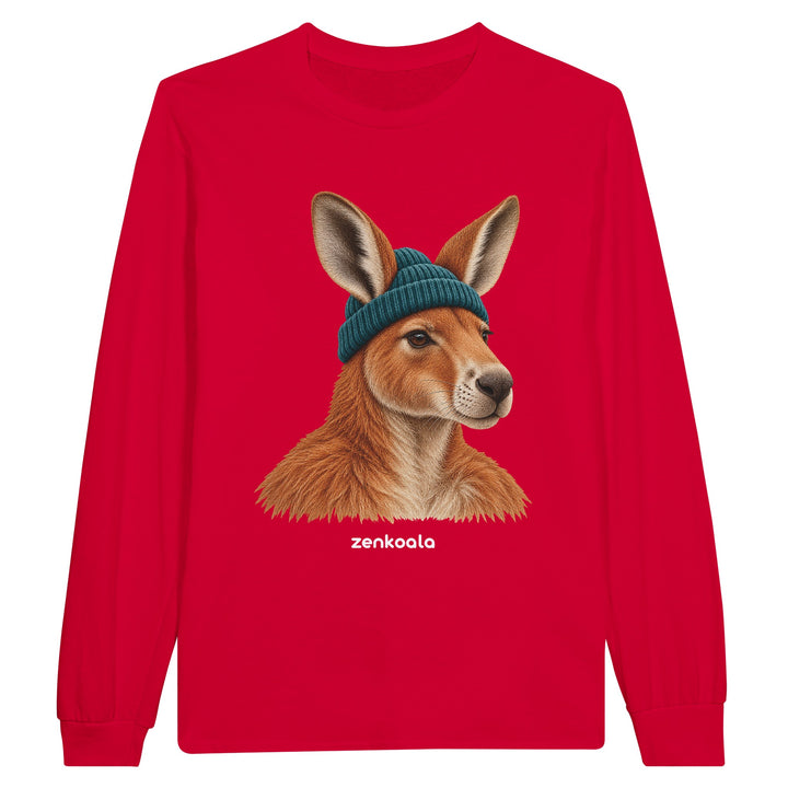 Kangaroo Beanie feel-good long sleeve tee in red, Zen Koala Australia