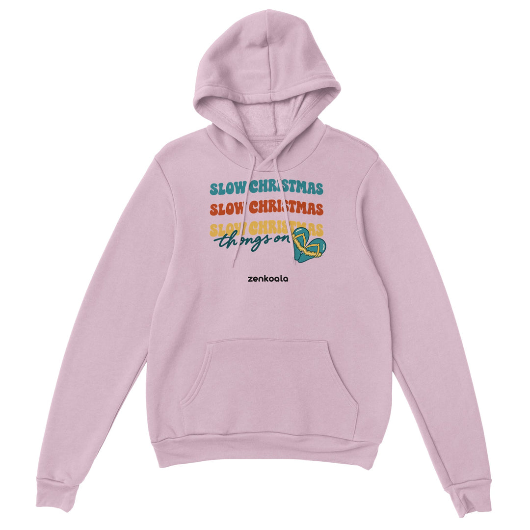 Slow Christmas Thongs On feel-good hoodie in light pink, Zen Koala Australia