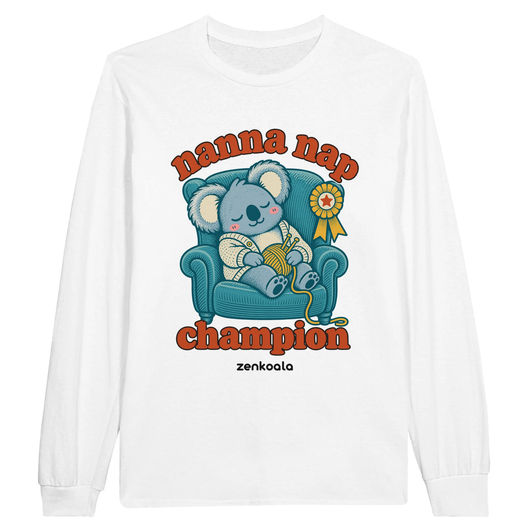 Nanna Nap Champion feel-good long sleeve tee in white: a koala asleep in an armchair with knitting and a prize ribbon, Zen Koala Australia
