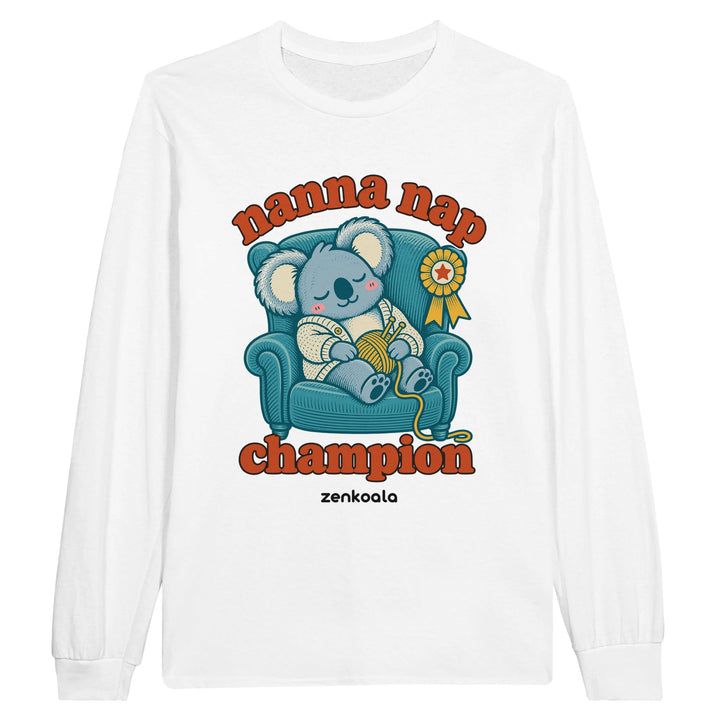 Nanna Nap Champion feel-good long sleeve tee in white: a koala asleep in an armchair with knitting and a prize ribbon, Zen Koala Australia