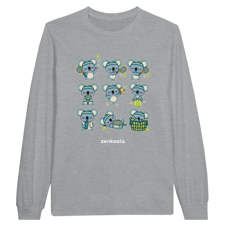 Tennis Koalas feel-good long sleeve tee in sports grey: nine koalas playing tennis, Zen Koala Australia