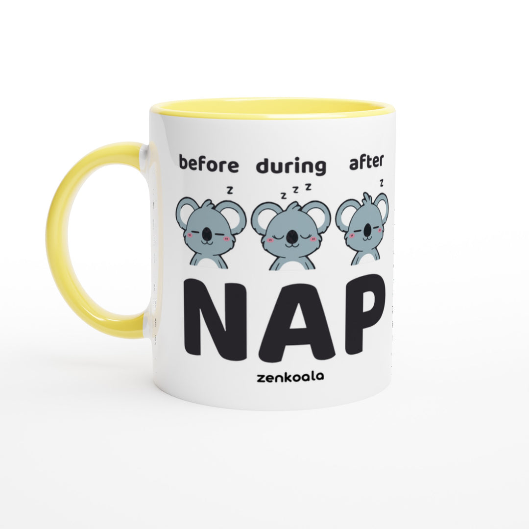 Before Nap Nap After Nap Koala mug in yellow: white with a yellow rim, inside and handle, Zen Koala Australia