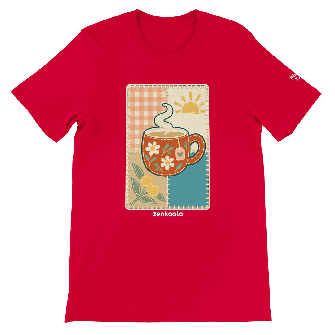 Cuppa Quilt feel-good tee in red, Zen Koala Australia