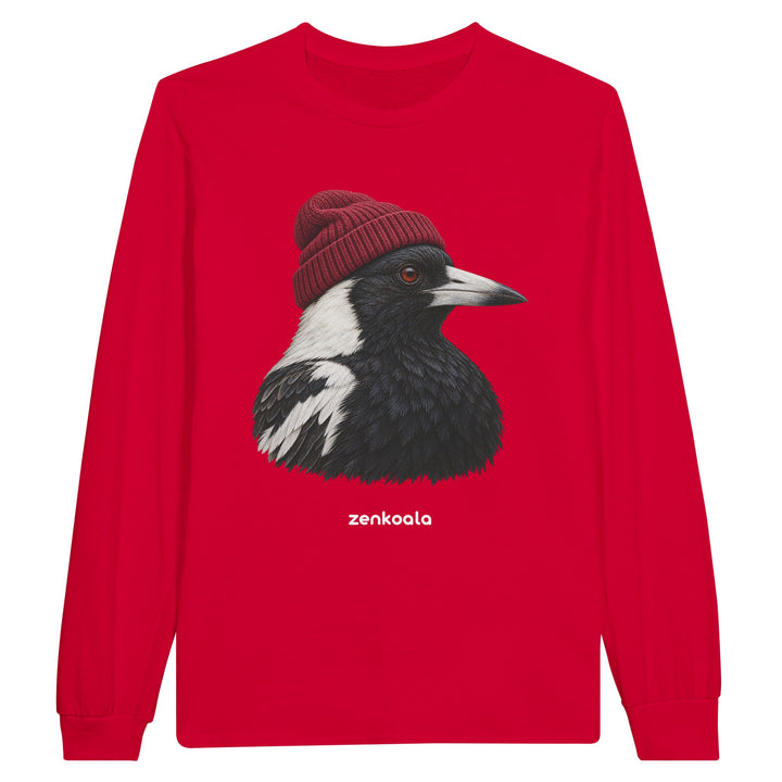 Magpie Beanie feel-good long sleeve tee in red, Zen Koala Australia