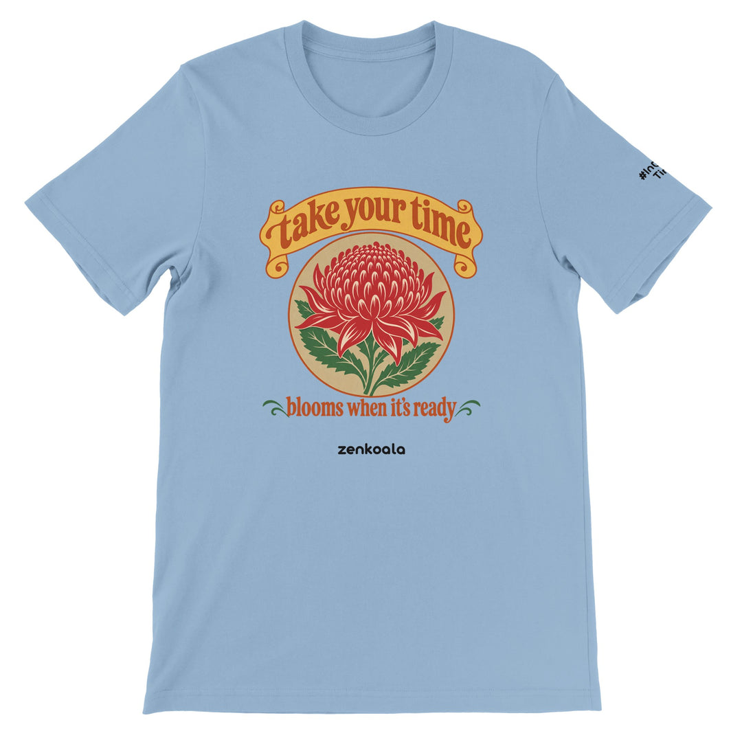 Take Your Time feel-good tee in light blue, Zen Koala Australia
