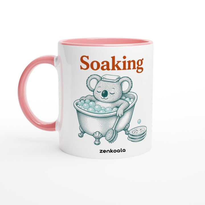Soaking Koala Bath mug in pink: white with a pink rim, inside and handle, Zen Koala Australia