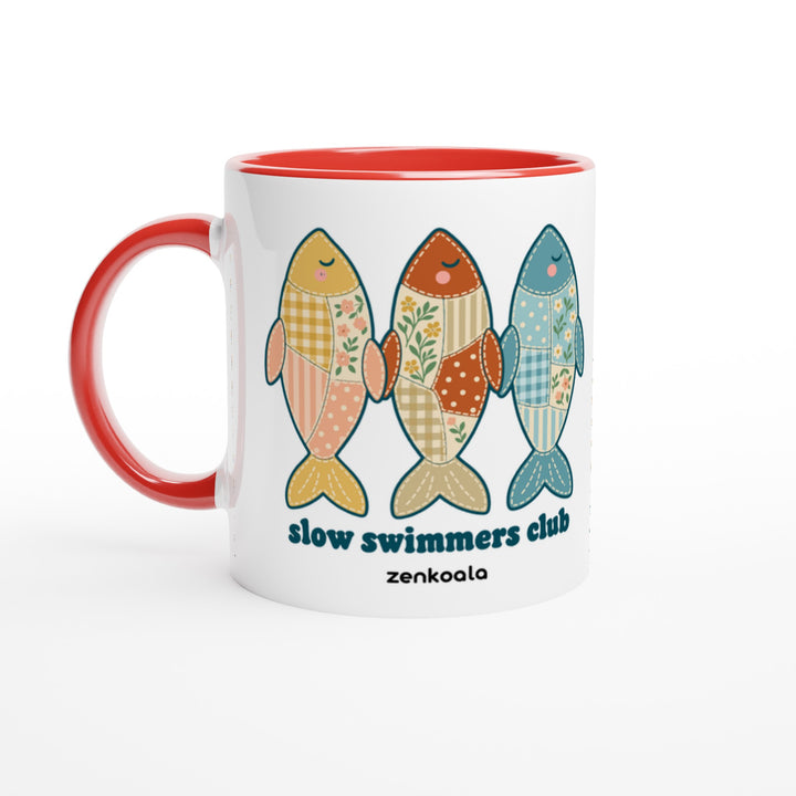 Slow Swimmers Club mug in red: white with a red rim, inside and handle, Zen Koala Australia