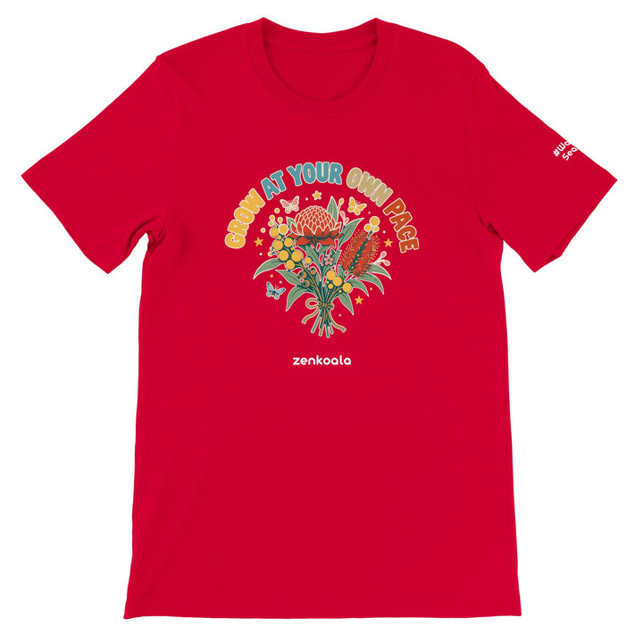 Grow at Your Own Pace feel-good tee in red, Zen Koala Australia