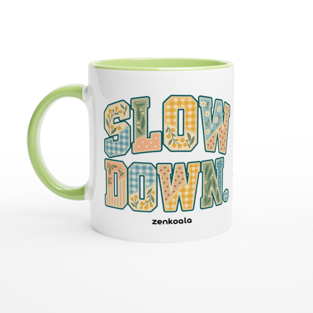 Slow Down Faux Patchwork feel-good mug: faux patchwork letters in Aussie florals, Zen Koala Australia