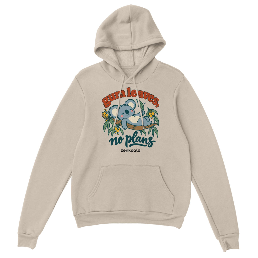 Gum Leaves No Plans feel-good hoodie in sand, Zen Koala Australia