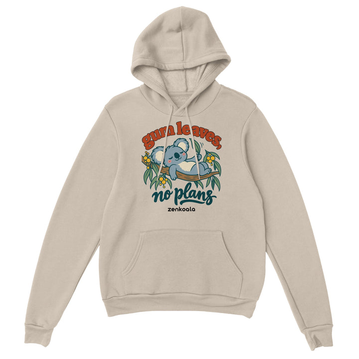 Gum Leaves No Plans feel-good hoodie in sand, Zen Koala Australia