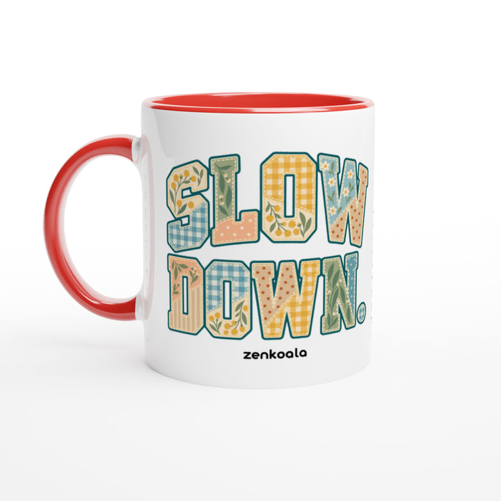 Slow Down Faux Patchwork mug in red: white with a red rim, inside and handle, Zen Koala Australia