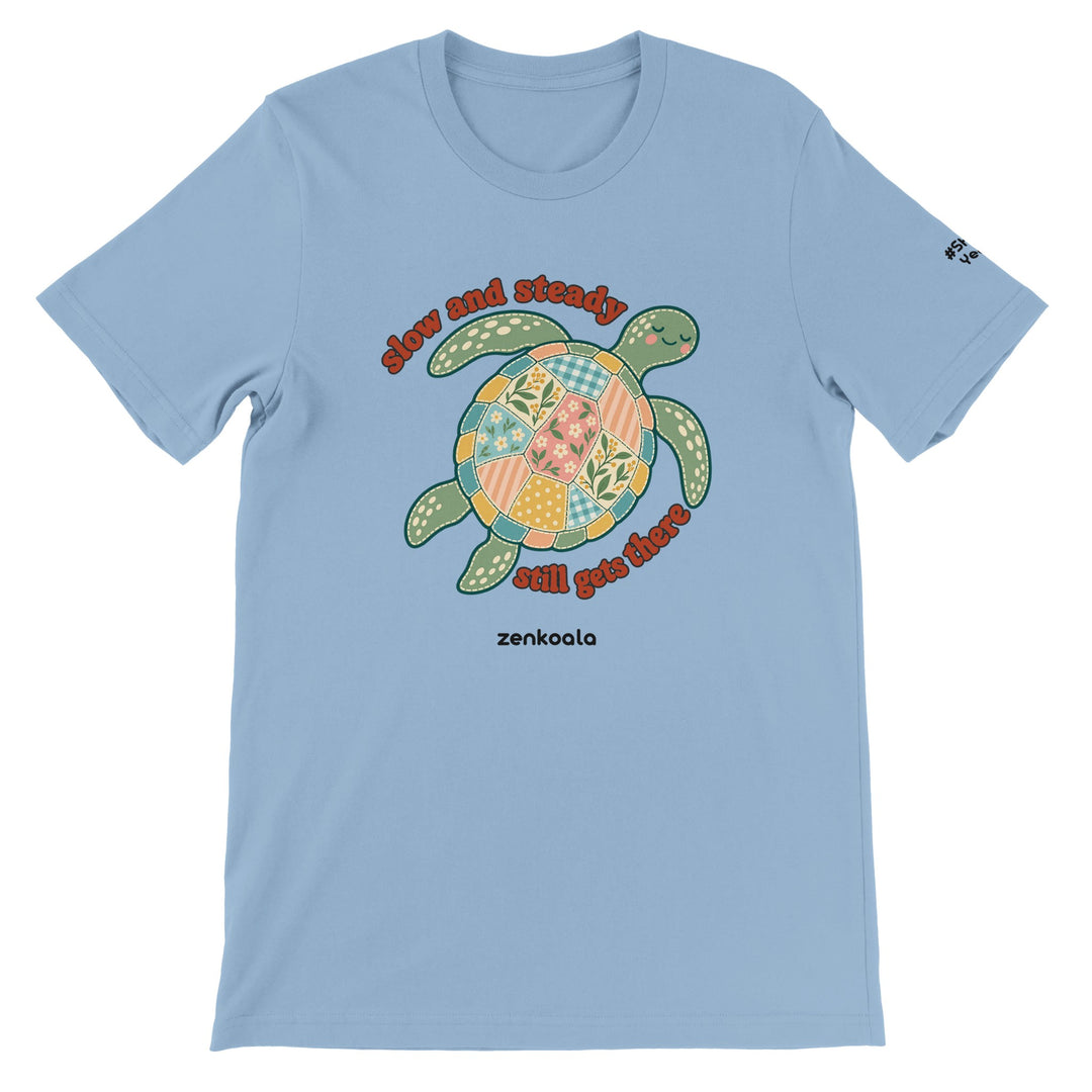 Slow and Steady Turtle feel-good tee in light blue, Zen Koala Australia