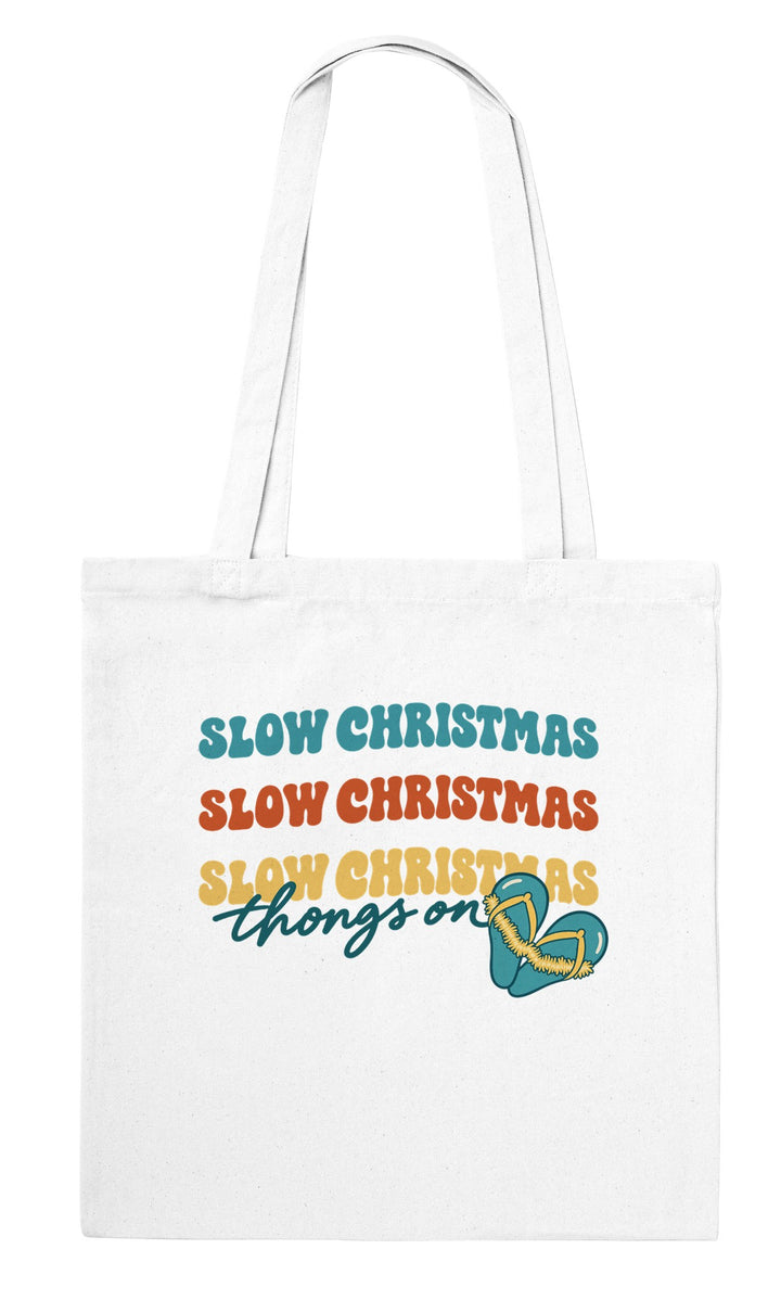 Back of the Slow Christmas Thongs On tote bag: zenkoala.com.au, Zen Koala Australia