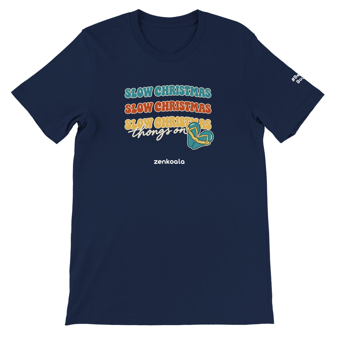 Slow Christmas Thongs On feel-good tee in navy, Zen Koala Australia
