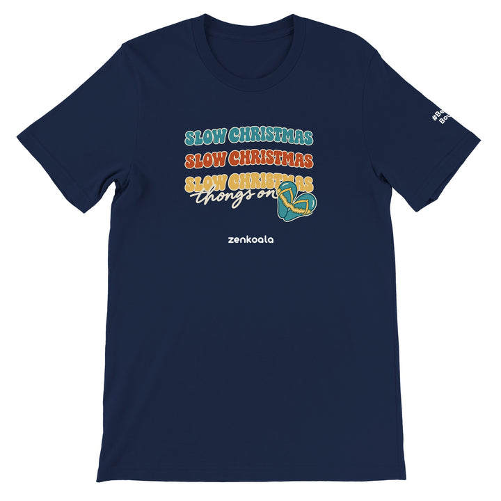 Slow Christmas Thongs On feel-good tee in navy, Zen Koala Australia
