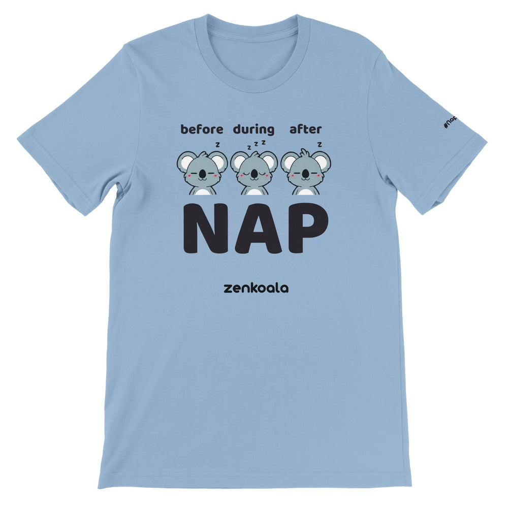 Before Nap Nap After Nap Koala feel-good tee in light blue — Zen Koala Australia