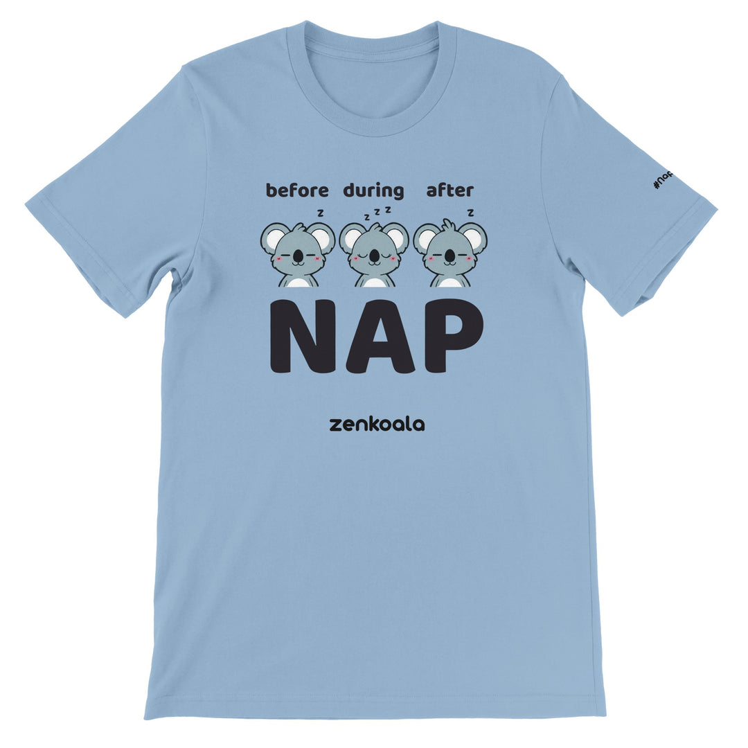Before Nap Nap After Nap Koala feel-good tee in light blue — Zen Koala Australia