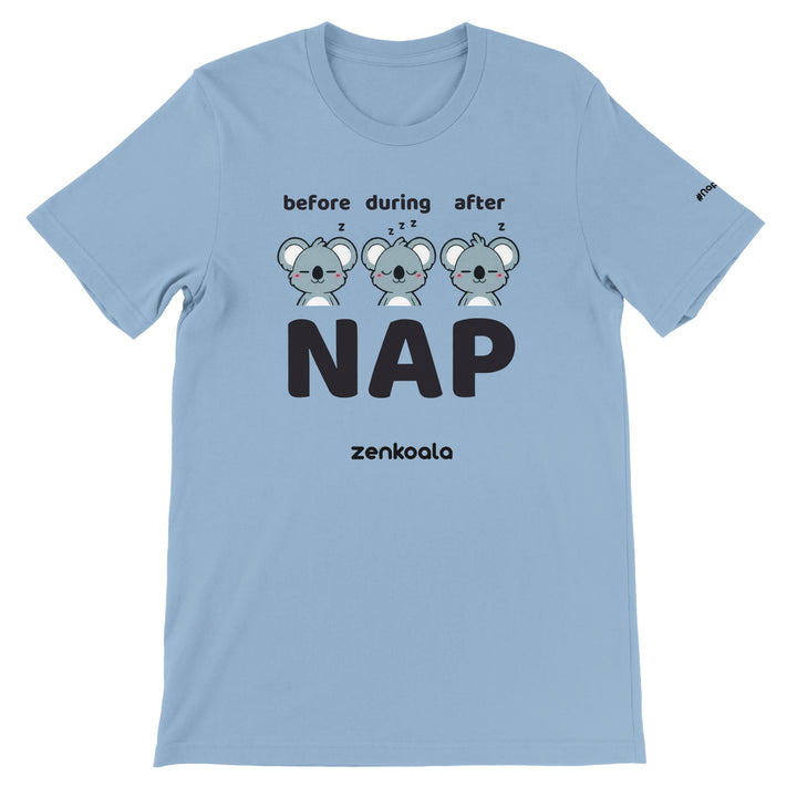 Before Nap Nap After Nap Koala feel-good tee in light blue — Zen Koala Australia